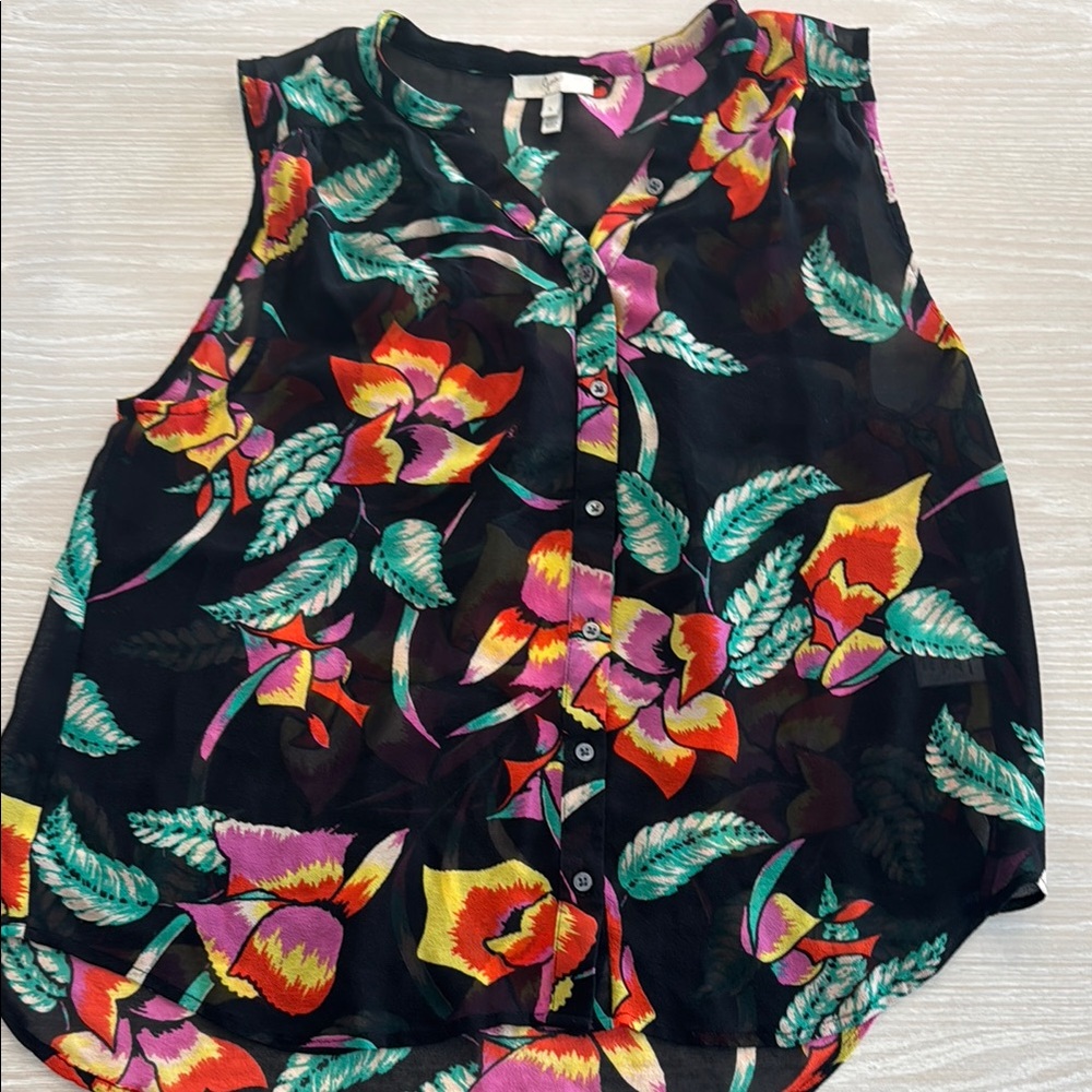 Joie Red and Orange Sleeveless Blouse with Mandarin Collar